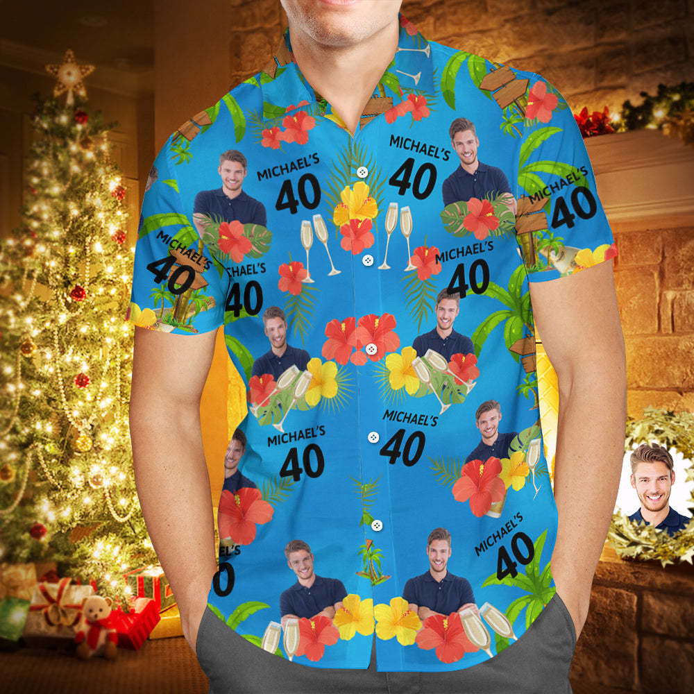 Custom Pink Date and Name Birthday Face Hawaiian Shirt  Red Flower and Coconut Tree Hawaiian Shirt - auphotoblanket
