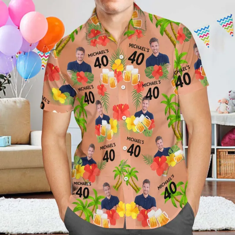 Custom Date and Name Birthday Face Hawaiian Shirt Red Flower and Palm Tree Hawaiian Shirt