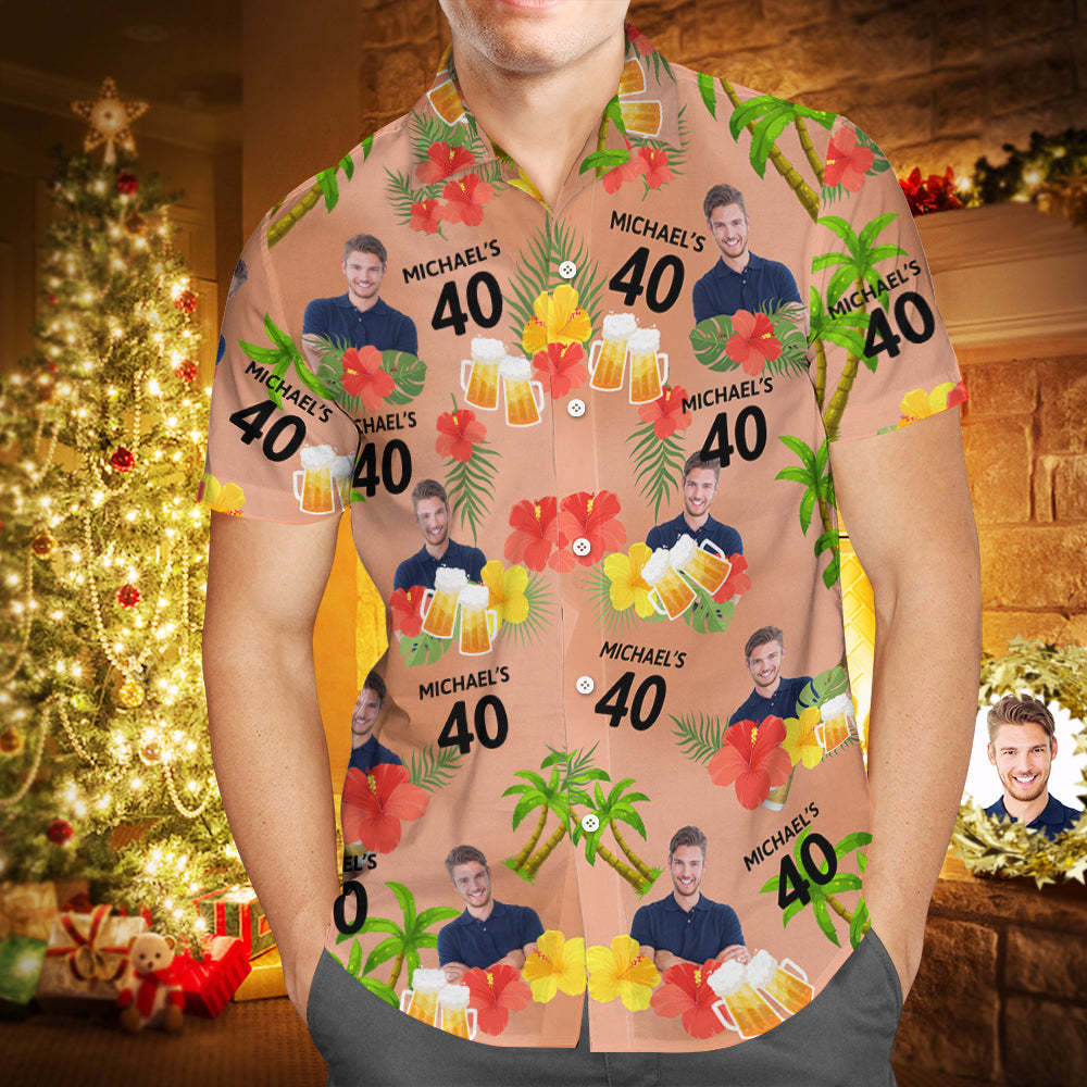 Custom Pink Date and Name Birthday Face Hawaiian Shirt  Red Flower and Coconut Tree Hawaiian Shirt - auphotoblanket