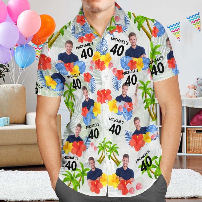 Custom Your Own Face Birthday Hawaiian Shirt Custom Date and Name Yellow and Red Flowers Shirt