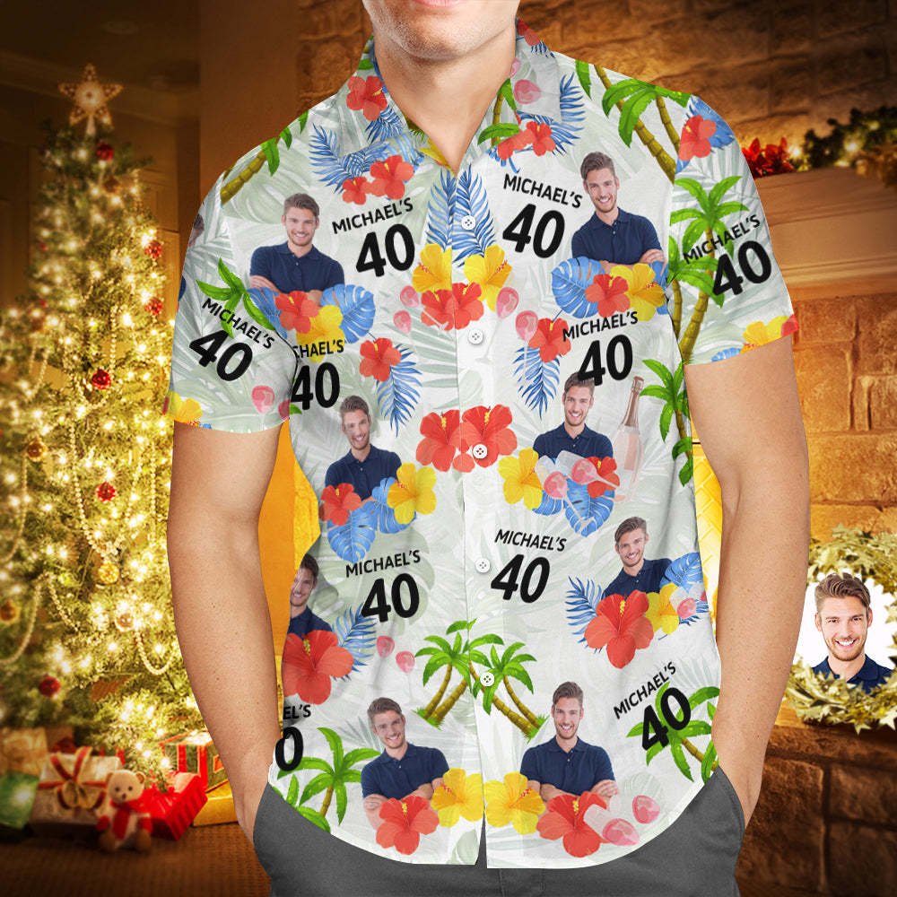 Custom Pink Date and Name Birthday Face Hawaiian Shirt  Red Flower and Coconut Tree Hawaiian Shirt - auphotoblanket
