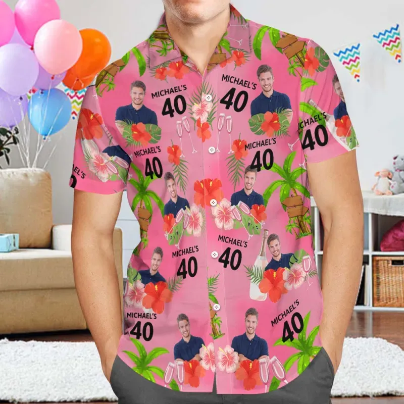Custom Date and Name Birthday Face Hawaiian Shirt Red Flower and Palm Tree Hawaiian Shirt