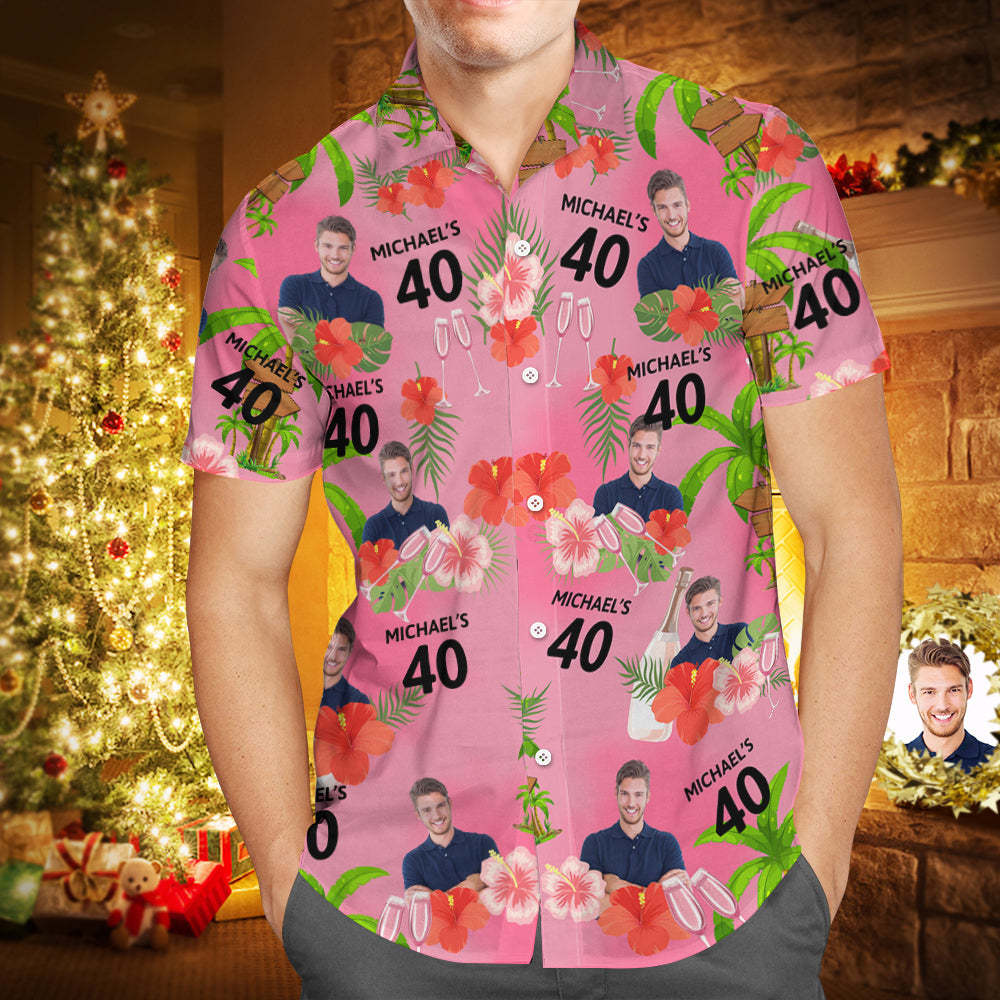 Custom Pink Date and Name Birthday Face Hawaiian Shirt  Red Flower and Coconut Tree Hawaiian Shirt - auphotoblanket