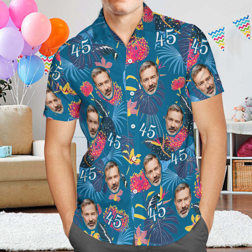 Custom Face Hawaiian Shirt Father's Day Birthday Present Number and Face Hawaiian Shirt for Dad - auphotoblanket