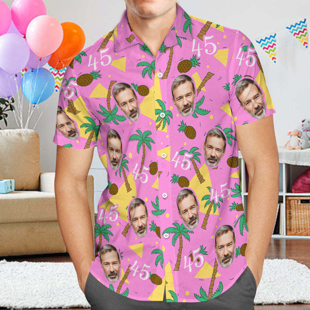 Custom Multi-color Face and Numbers Hawaiian Shirt Father's Day Birthday Present Coconut Tree and Pineapple Gift for Dad - auphotoblanket