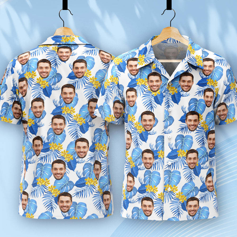 Custom Hawaiian Shirt for Men Personalized Short Sleeves Shirt with Picture Face Photo Printed Hawaii Shirt Blue Flower - auphotoblanket