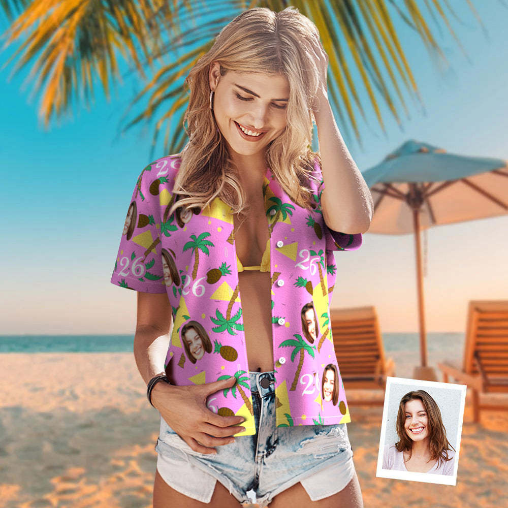 Custom Multi-color Face And Numbers Hawaiian Shirt Coconut Tree And Pineapple Birthday Gift For Women - auphotoblanket