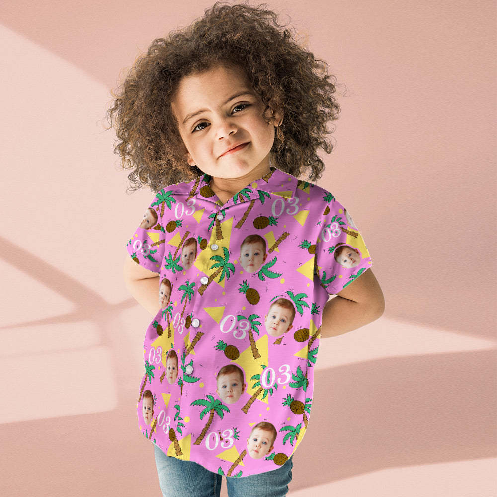 Custom Multi-color Face And Numbers Kid's Hawaiian Shirt Coconut Tree And Pineapple Birthday Gift - auphotoblanket