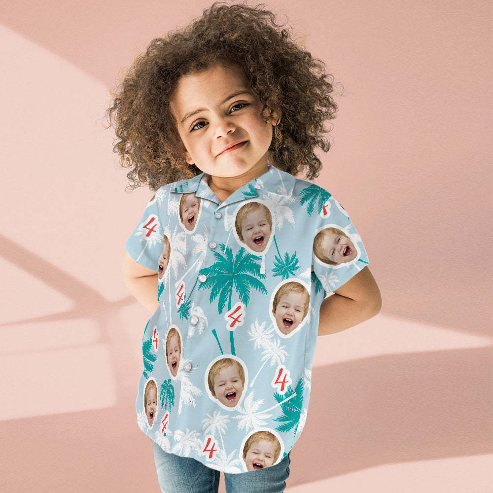 Custom Face And Number Kid's Birthday Hawaiian Shirts Red And White Coconut Tree Shirts Birthday Gift - auphotoblanket