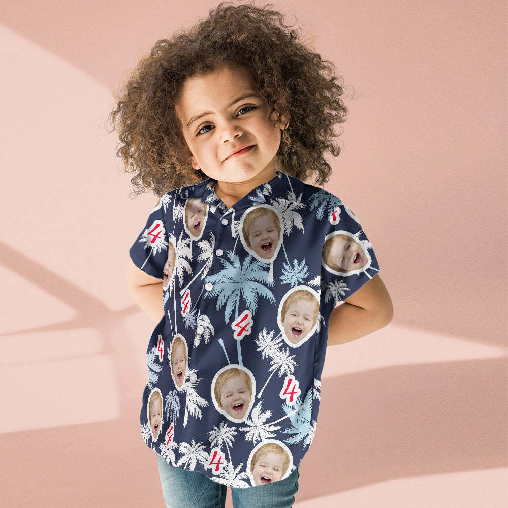 Custom Face And Number Kid's Birthday Hawaiian Shirts Red And White Coconut Tree Shirts Birthday Gift - auphotoblanket
