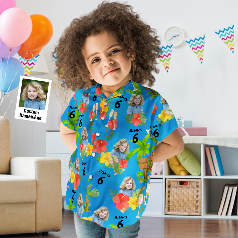 Custom Kid's Face Hawaiian Birthday Shirt With Number And Text Custom Face Hawaiian Shirt Birthday Party Shirts - auphotoblanket