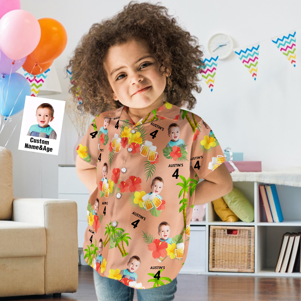 Custom Kid's Face Hawaiian Birthday Shirt With Number And Text Custom Face Hawaiian Shirt Birthday Party Shirts - auphotoblanket