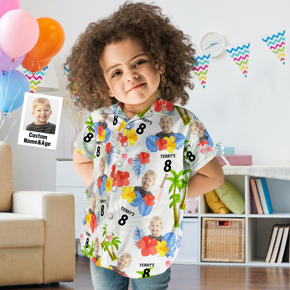 Custom Kid's Face Hawaiian Birthday Shirt With Number And Text Custom Face Hawaiian Shirt Birthday Party Shirts - auphotoblanket