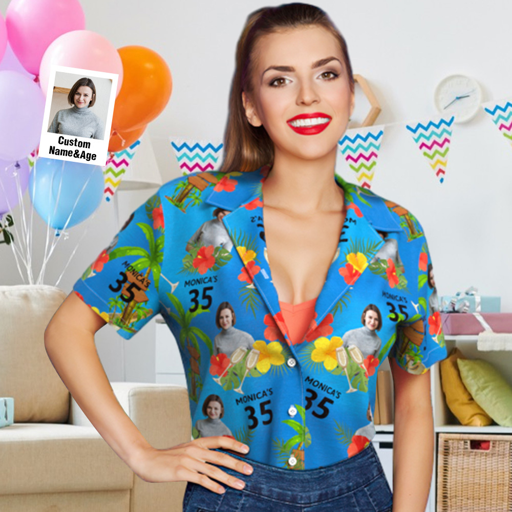 Custom Your Own Face Birthday Hawaiian Shirt Custom Date and Name Yellow Flower and Palm Tree Shirt