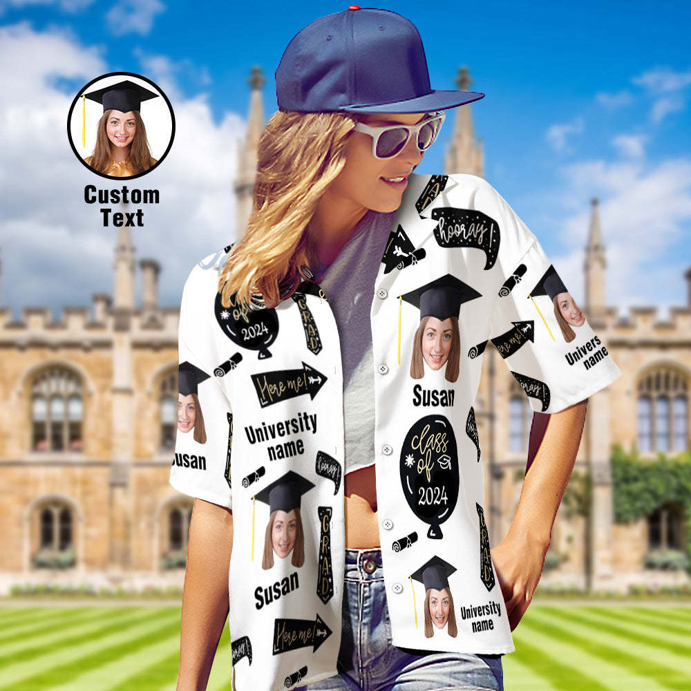 Custom Graduation Hawaiian Shirt with Face and University Name Personalized Graduation Party Women's Aloha Shirts - auphotoblanket