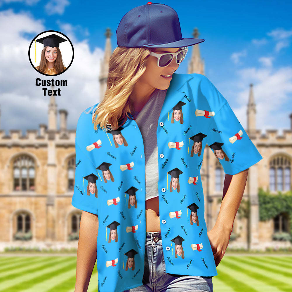 Custom Graduation Hawaiian Shirt with Face and Name Personalized Graduation Party Women's Aloha Shirts - auphotoblanket