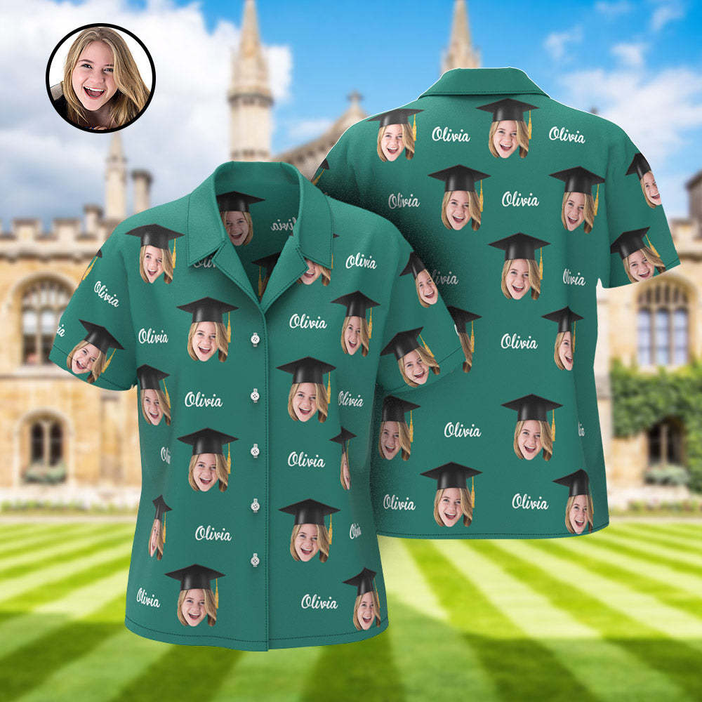 Custom Women's Hawaiian Shirt Personalized Face and Name Aloha Shirts for Graduation Party - auphotoblanket