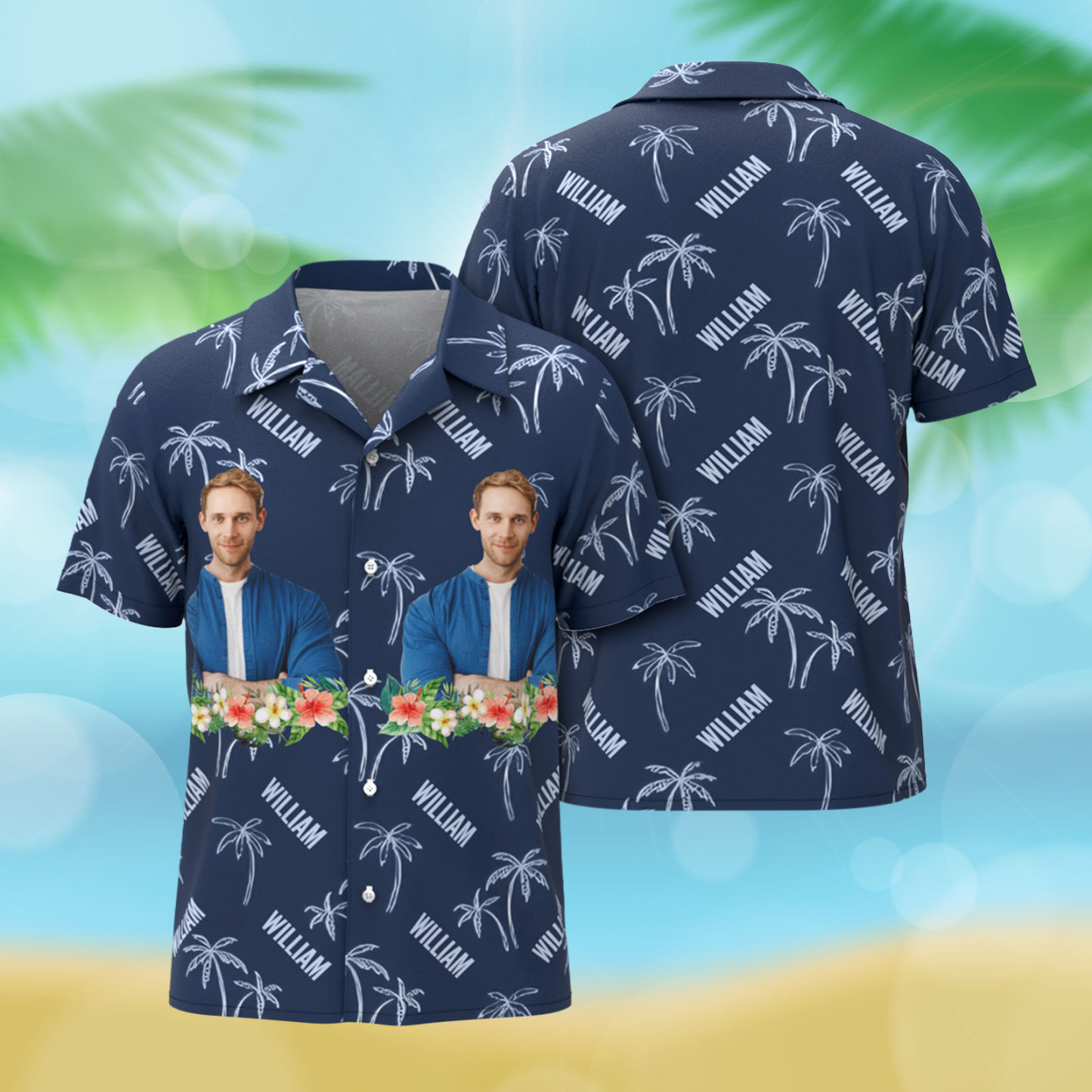 Name & Photo Hawaiian Shirts Men Dark Blue Button-down Shirts Personalized Beach Shirts - auphotoblanket
