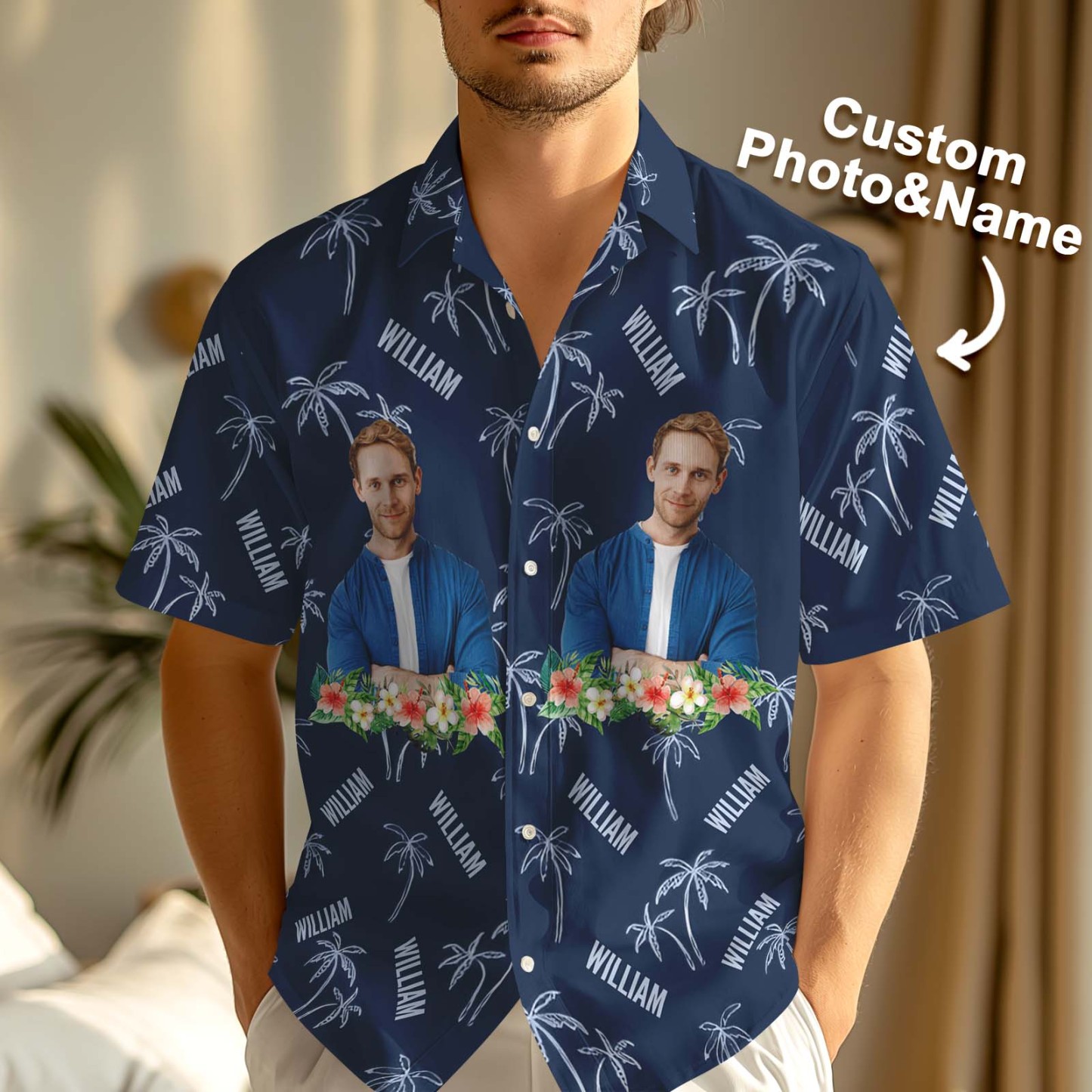 Name & Photo Hawaiian Shirts Men Dark Blue Button-down Shirts Personalized Beach Shirts - auphotoblanket