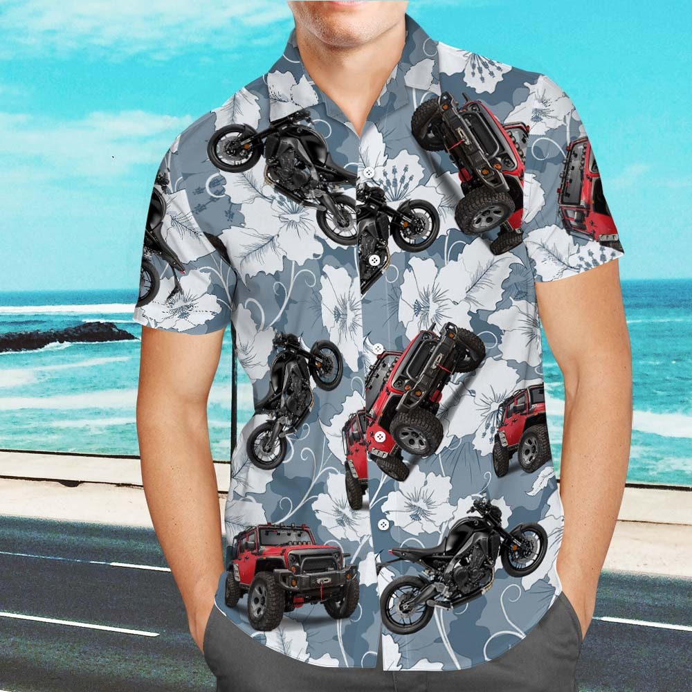 Upload Car/Motorcycle Photo Custom Hawaiian Shirts 1-3 Photos Flowers and Leaves Aloha Beach Shirt For Him - auphotoblanket