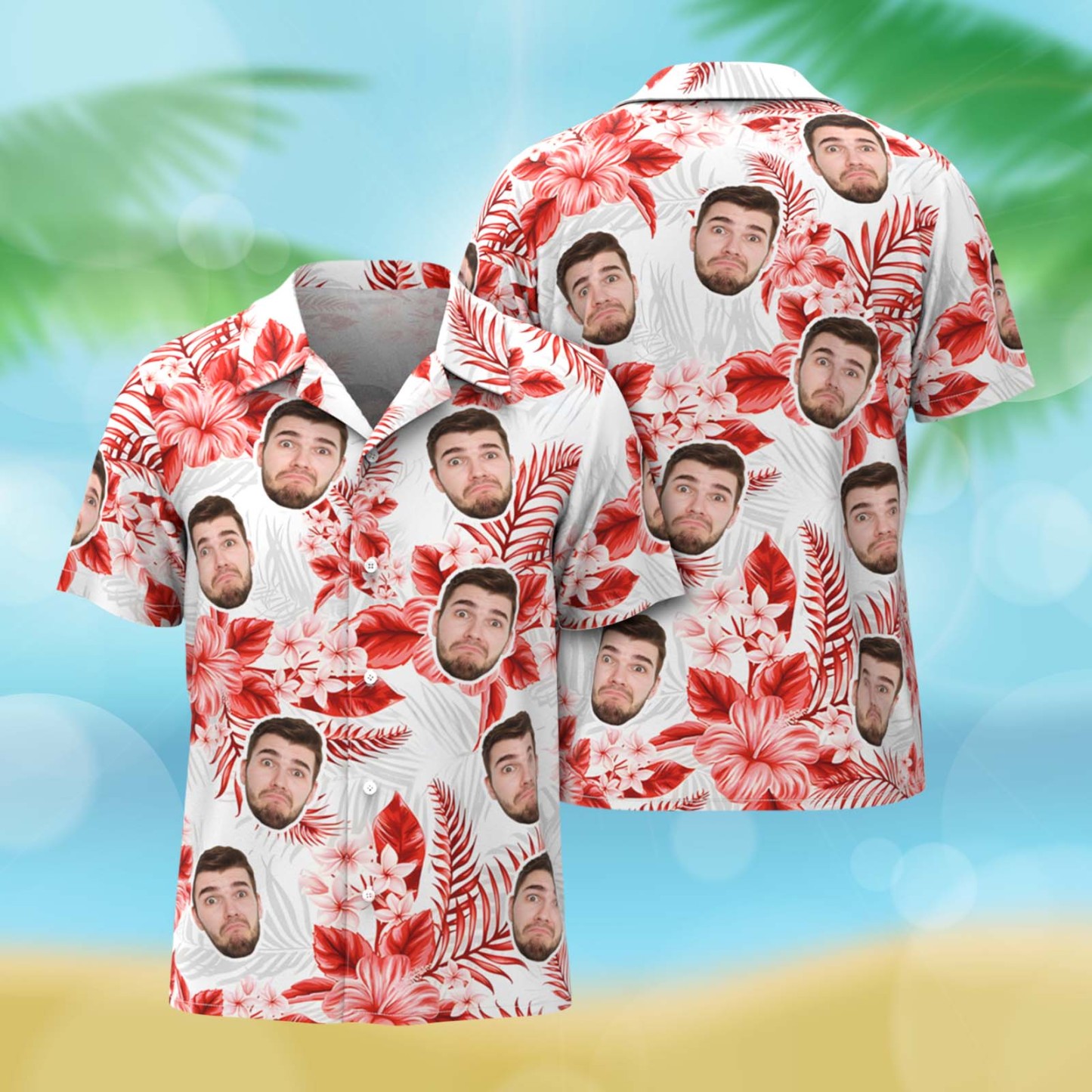 Custom Face Hawaiian Shirts Red Flower Leaves Button-down Shirts Personalized Men Shirts - auphotoblanket