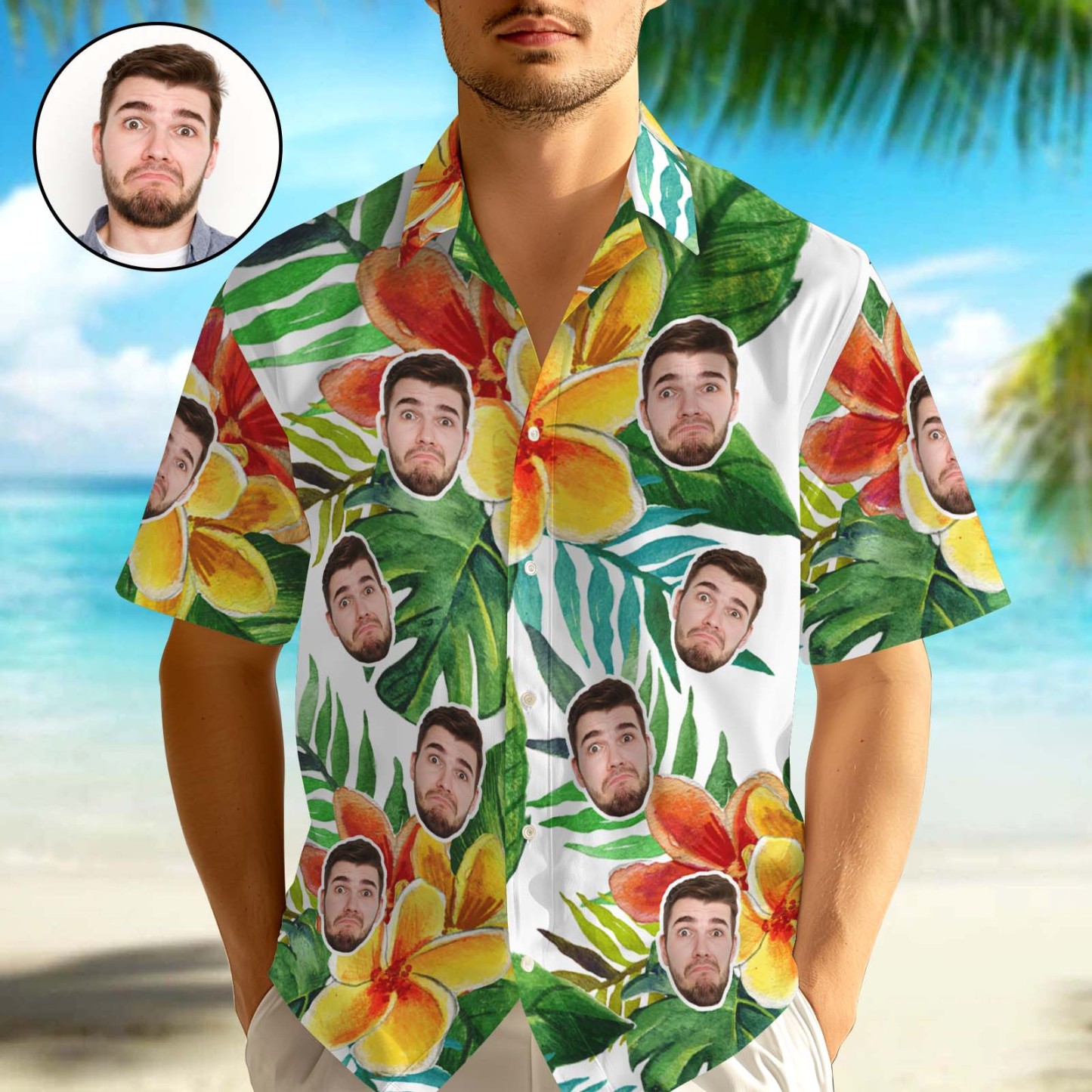 Men Hawaiian Shirts Custom 1-3 Faces Button-down Tropical Beach Shirt For Him - auphotoblanket