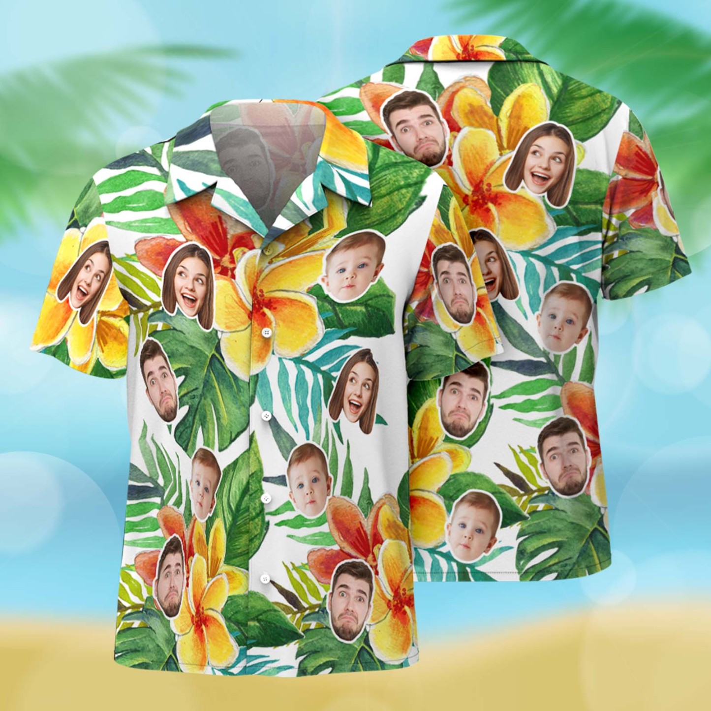 Men Hawaiian Shirts Custom 1-3 Faces Button-down Tropical Beach Shirt For Him - auphotoblanket