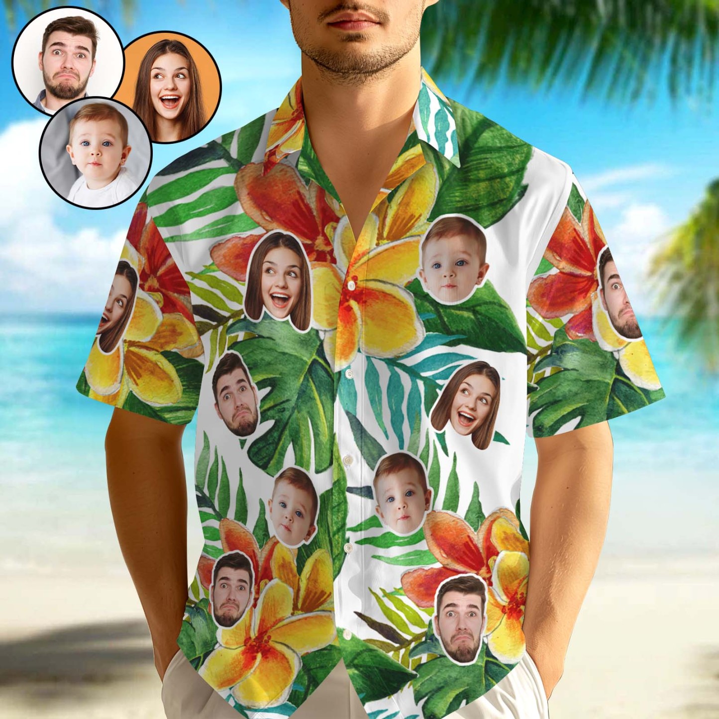 Men Hawaiian Shirts Custom 1-3 Faces Button-down Tropical Beach Shirt For Him - auphotoblanket