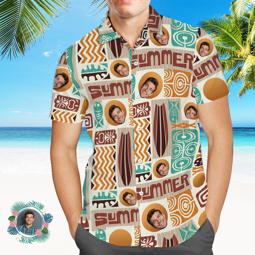 Father Custom Face With Exotic Tiki Pattern Personalized Photo Hawaiian Shirt