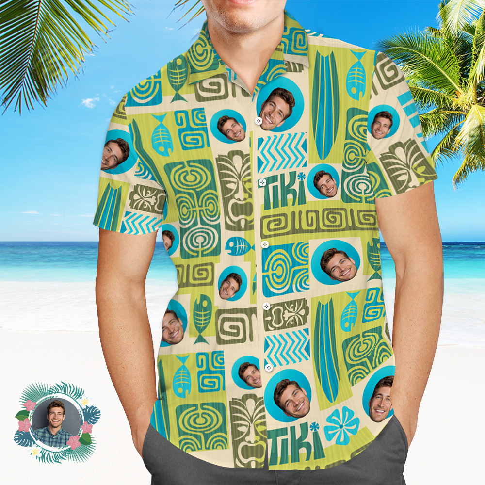 Father - Customize Face With Exotic Tiki Pattern - Personalized Photo Hawaiian Shirt (AB)