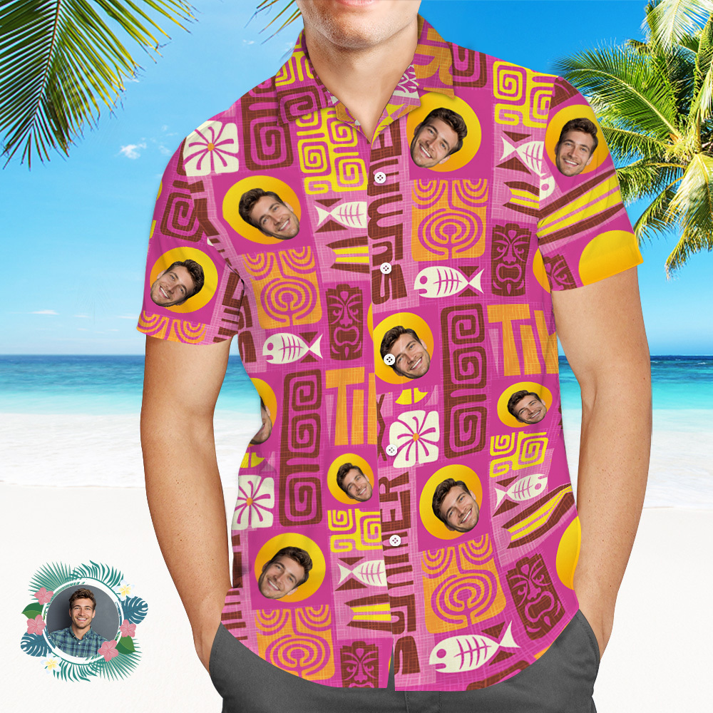 Father Custom Face With Exotic Tiki Pattern Personalized Photo Hawaiian Shirt
