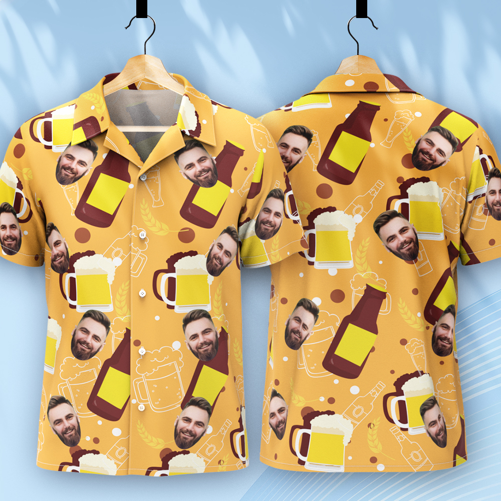 Custom Beer Hawaiian Shirt for Men, Personalized Party Group Hawaii Shirts with Face, Customize Mens Funny Face Shirt Beer Shirts - auphotoblanket