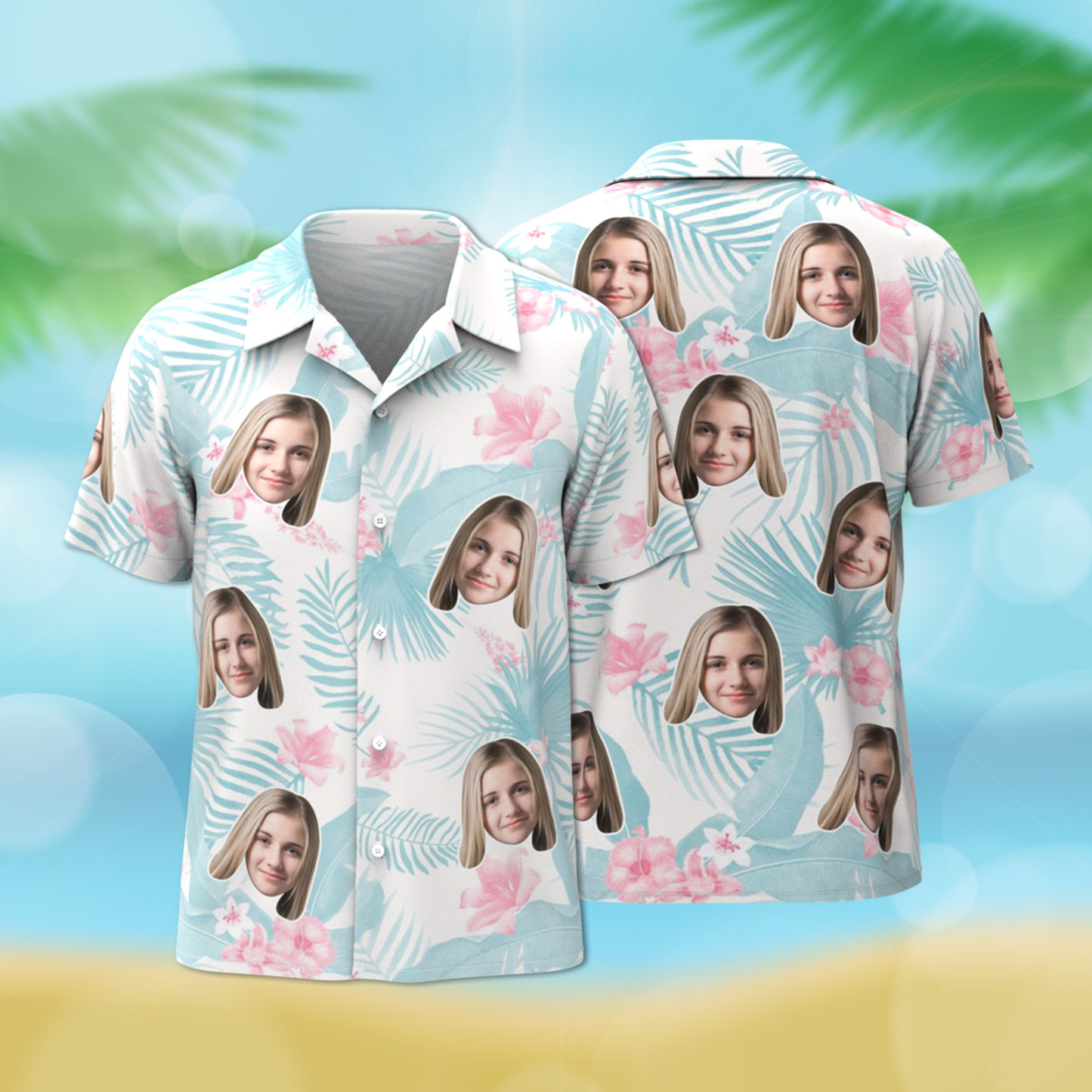 Custom Hawaiian Shirt Tropical Floral Hawaii Shirt All Over Print Face Light Blue Leaves Shirt - auphotoblanket