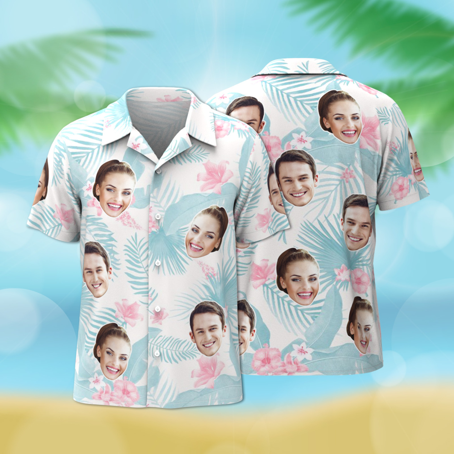 Custom Hawaiian Shirt Tropical Floral Hawaii Shirt All Over Print Face Light Blue Leaves Shirt - auphotoblanket