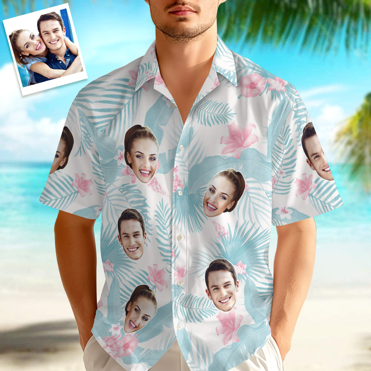 Custom Hawaiian Shirt Tropical Floral Hawaii Shirt All Over Print Face Light Blue Leaves Shirt - auphotoblanket