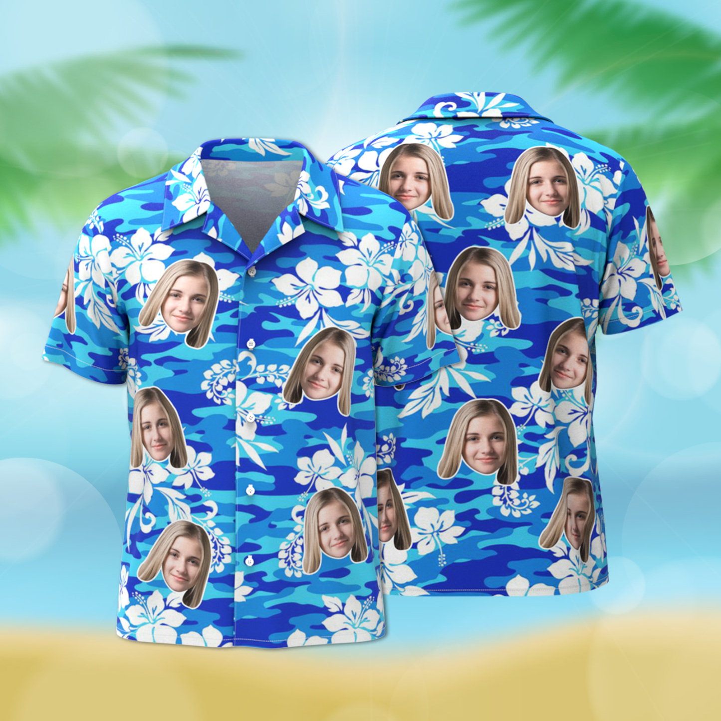 Custom Hawaiian Shirt Tropical Floral Hawaii Shirt All Over Print Face White Flower Blue Shirt - auphotoblanket