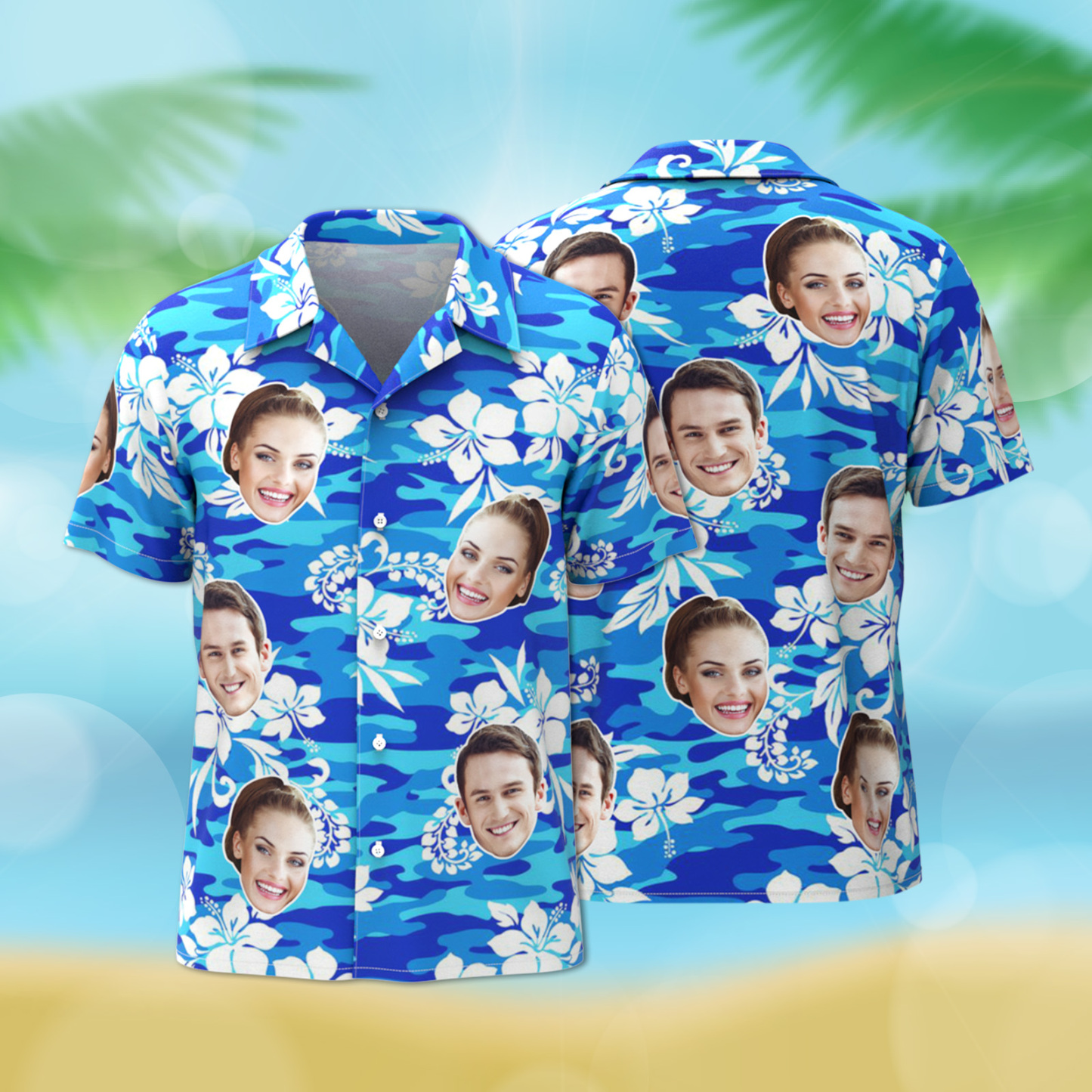 Custom Hawaiian Shirt Tropical Floral Hawaii Shirt All Over Print Face White Flower Blue Shirt - auphotoblanket