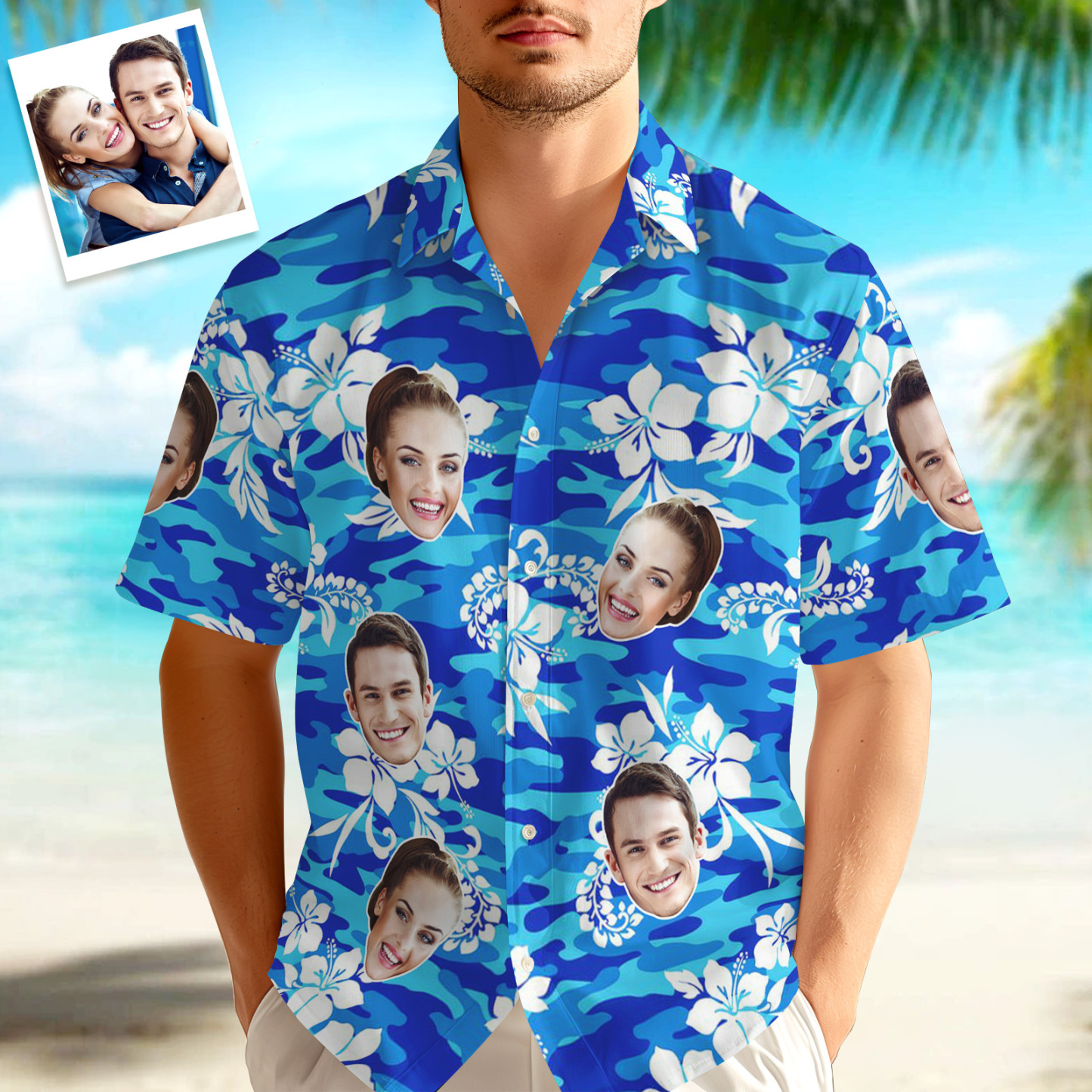 Custom Hawaiian Shirt Tropical Floral Hawaii Shirt All Over Print Face White Flower Blue Shirt - auphotoblanket