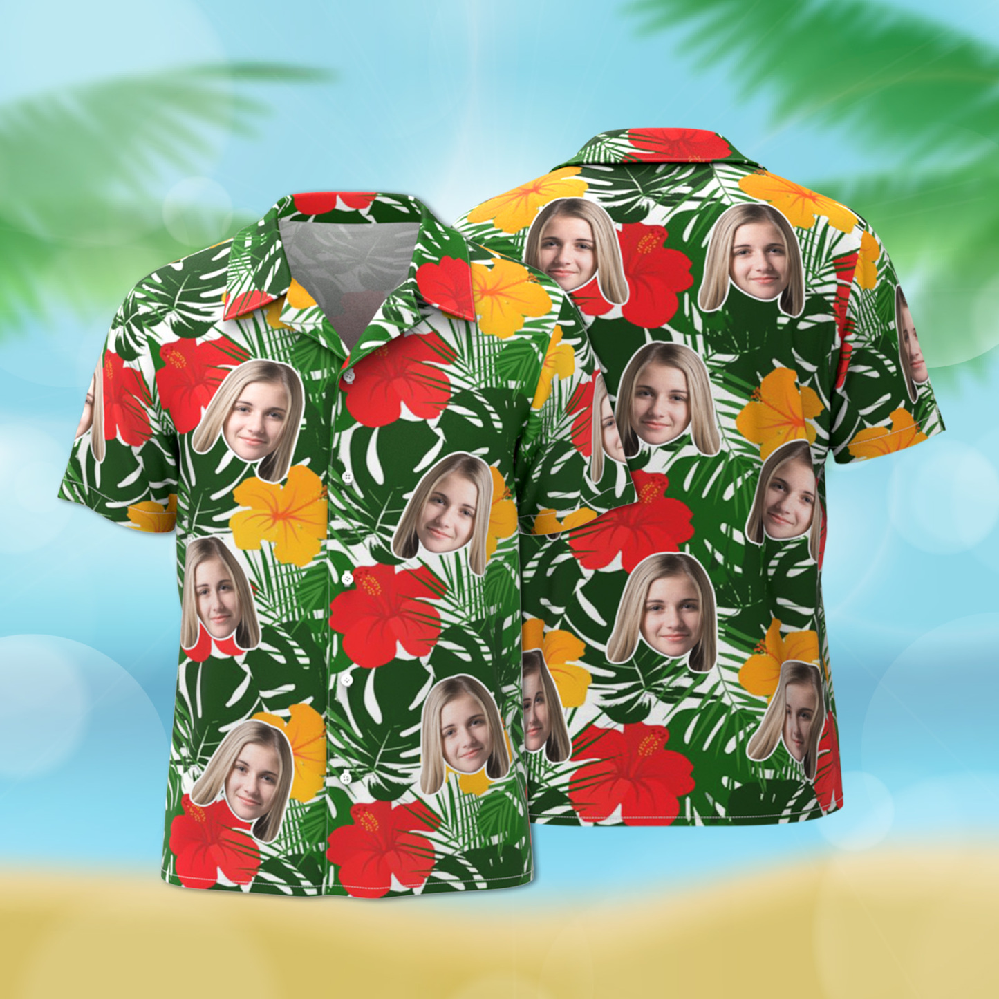 Custom Hawaiian Shirt Tropical Floral Hawaii Shirt All Over Print Face Red Flower Green Leaves Shirt - auphotoblanket