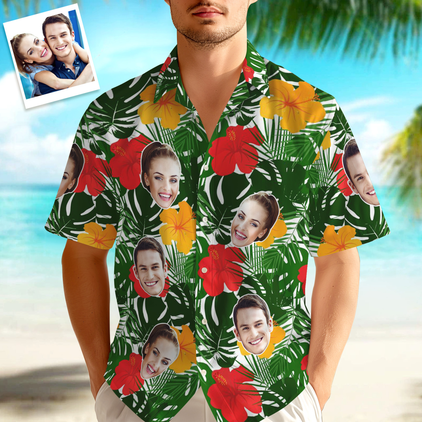 Custom Hawaiian Shirt Tropical Floral Hawaii Shirt All Over Print Face Red Flower Green Leaves Shirt - auphotoblanket
