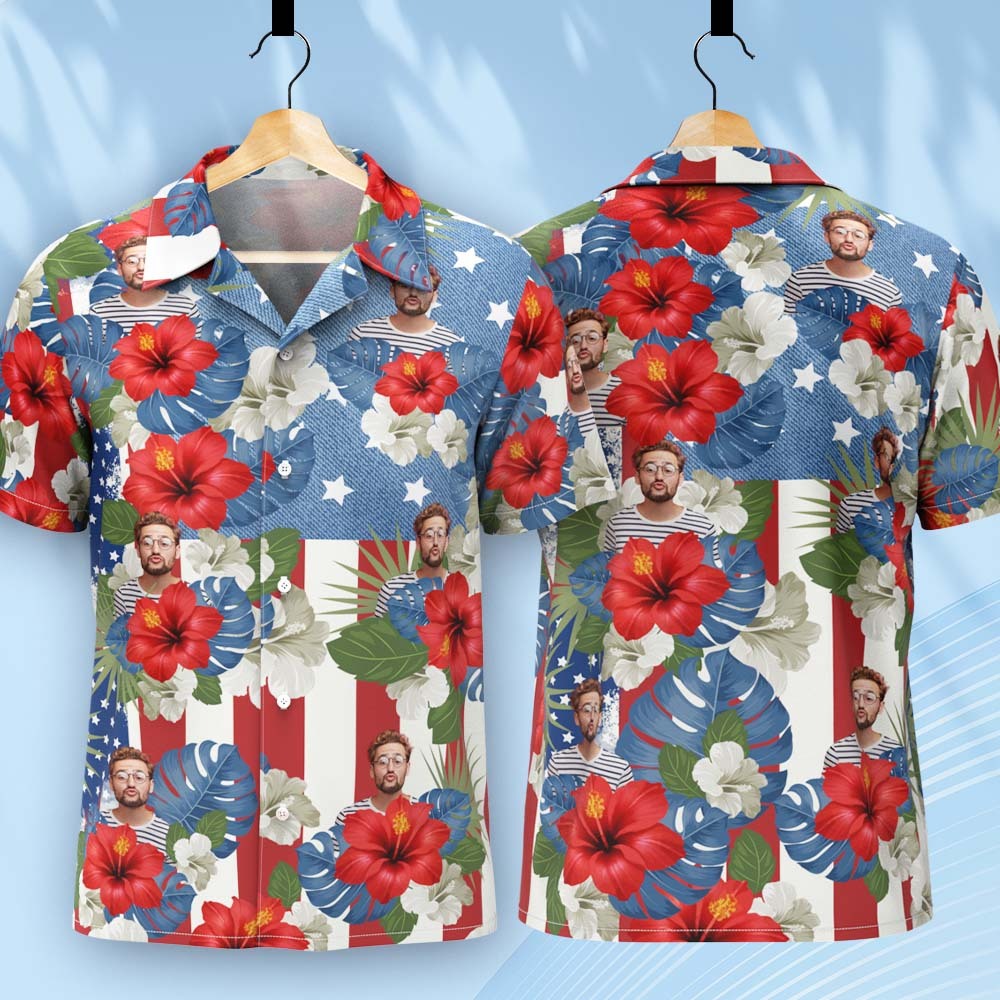 Custom Photo American Flag Hawaiian Shirt Tropical Independence Day Gift Shirt - auphotoblanket