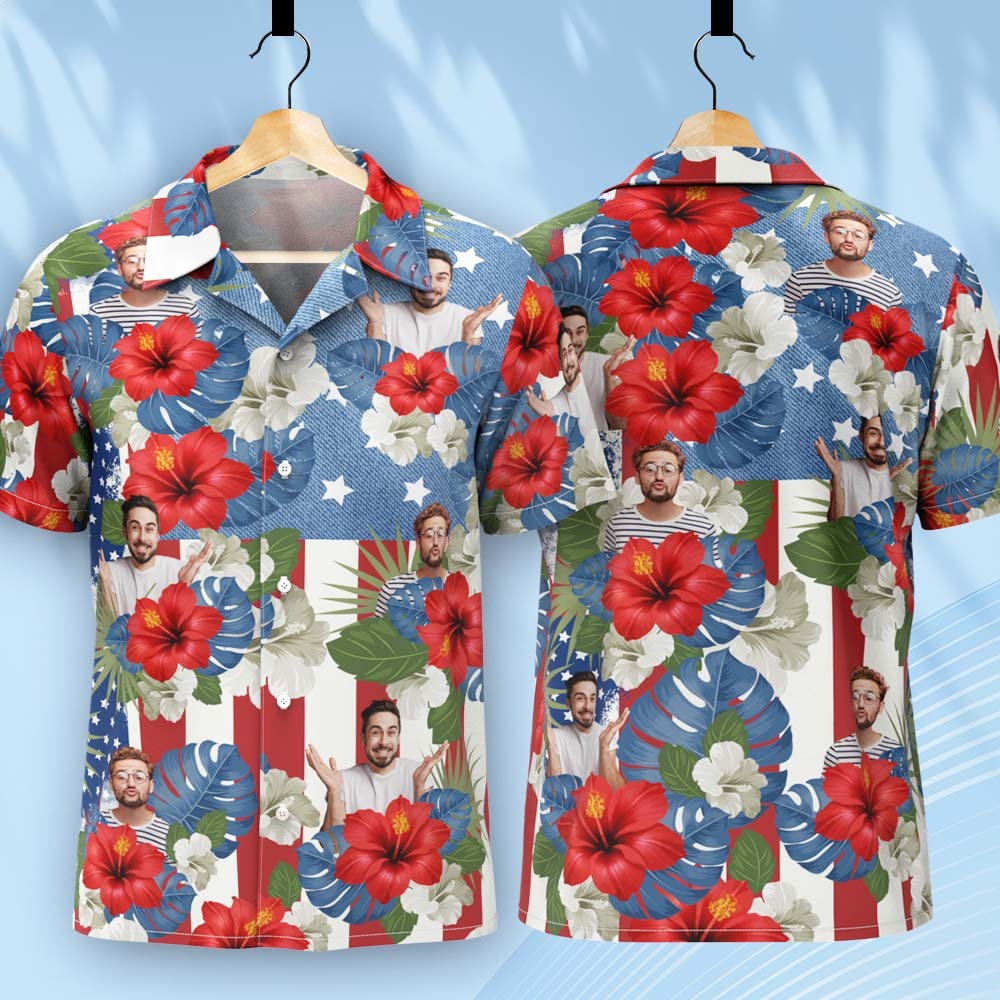 Custom Photo American Flag Hawaiian Shirt Tropical Independence Day Gift Shirt - auphotoblanket