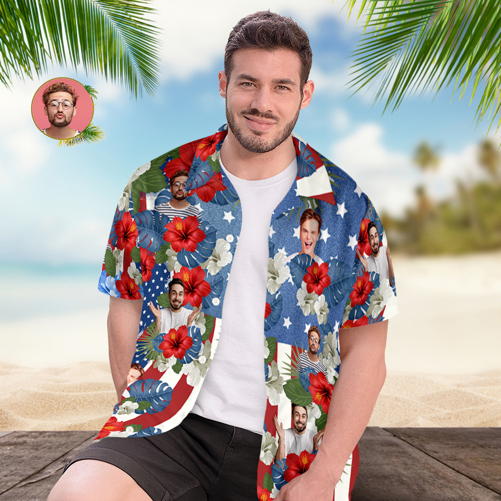 Custom Photo American Flag Hawaiian Shirt Tropical Independence Day Gift Shirt - auphotoblanket