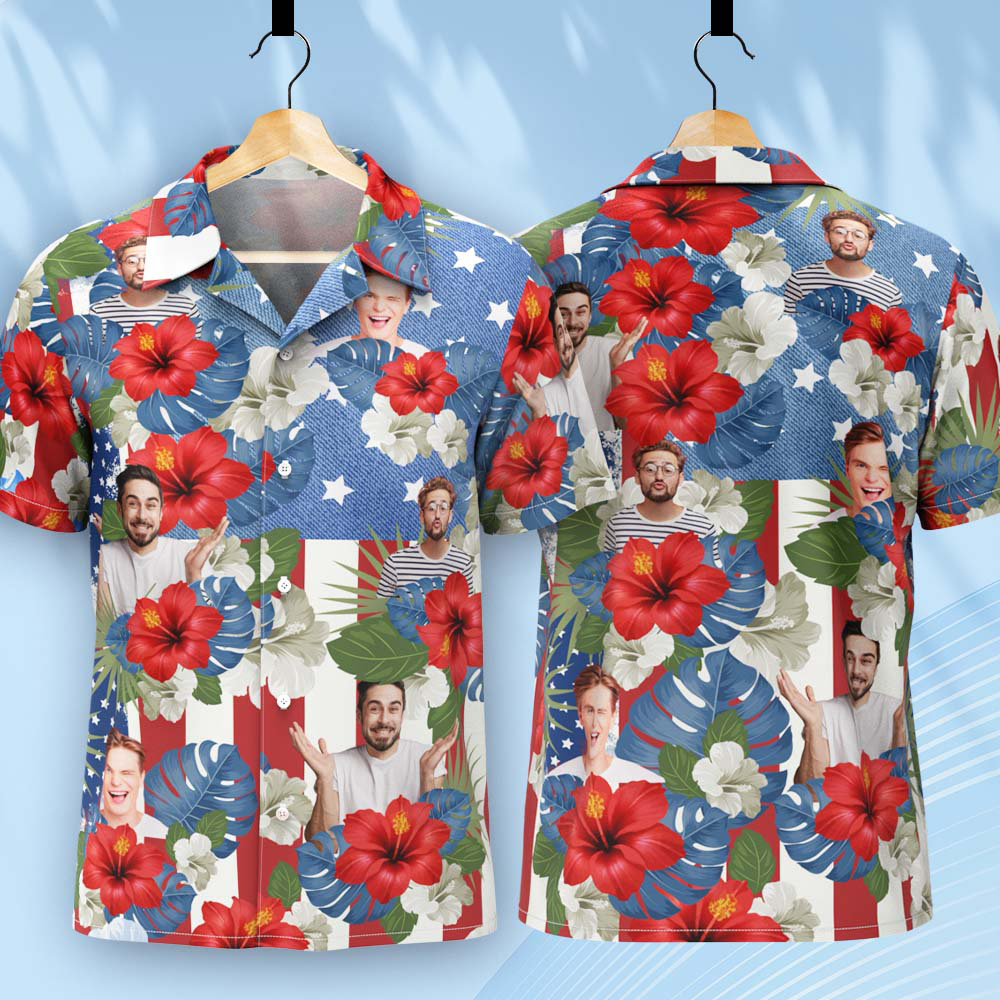 Custom Photo American Flag Hawaiian Shirt Tropical Independence Day Gift Shirt - auphotoblanket