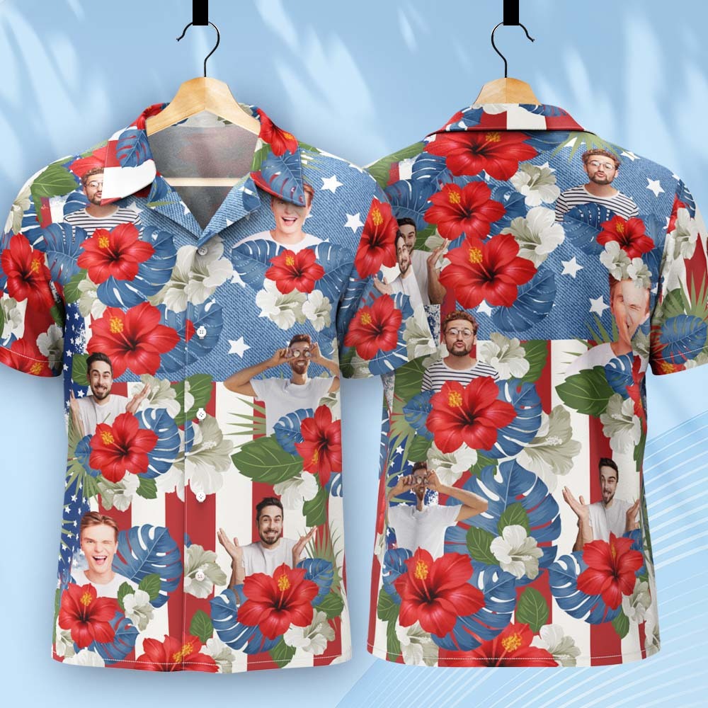 Custom Photo American Flag Hawaiian Shirt Tropical Independence Day Gift Shirt - auphotoblanket