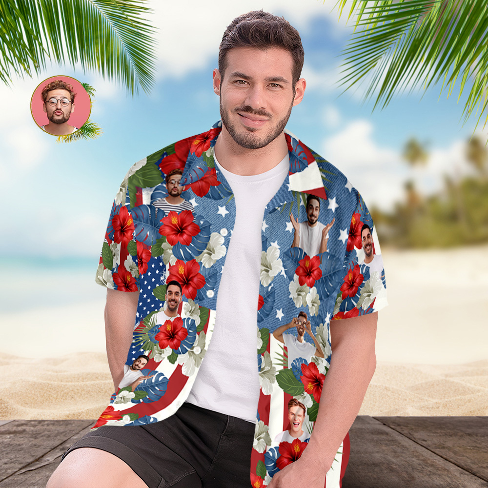 Custom Photo American Flag Hawaiian Shirt Tropical Independence Day Gift Shirt - auphotoblanket