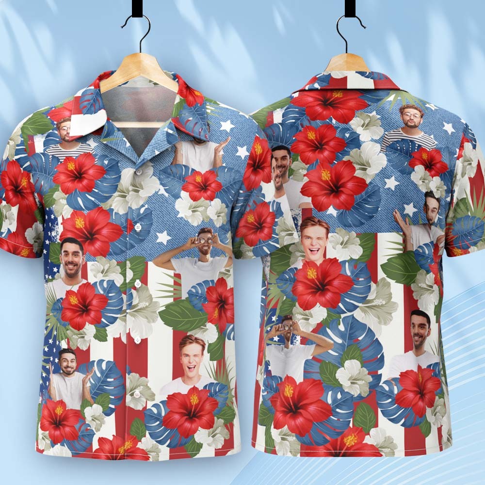 Custom Photo American Flag Hawaiian Shirt Tropical Independence Day Gift Shirt - auphotoblanket