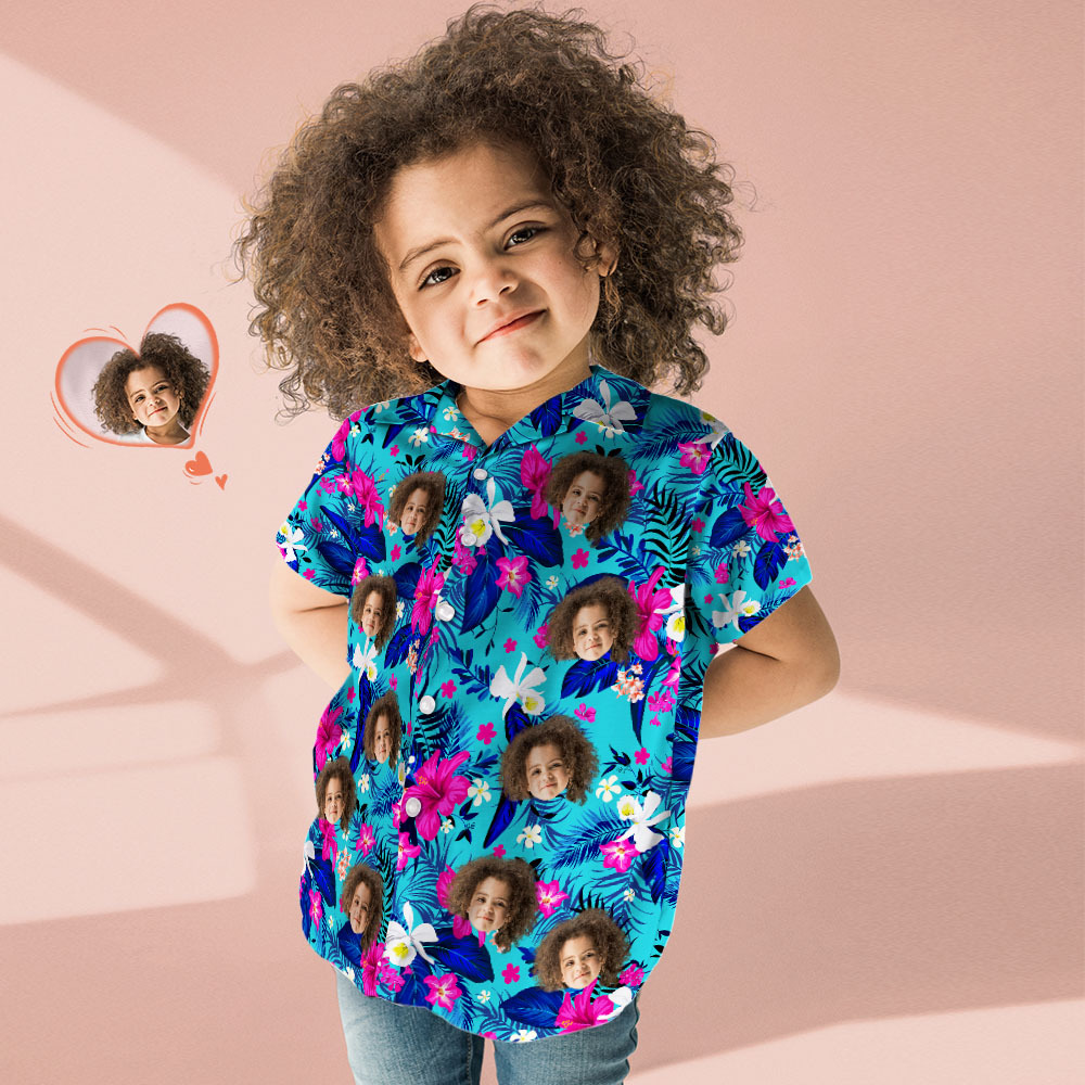 Custom Hawaiian Shirt With Face Personalized Hawaiian Shirt Logo All Over Print Pink Flower Hawaiian Shirt For Kids - auphotoblanket