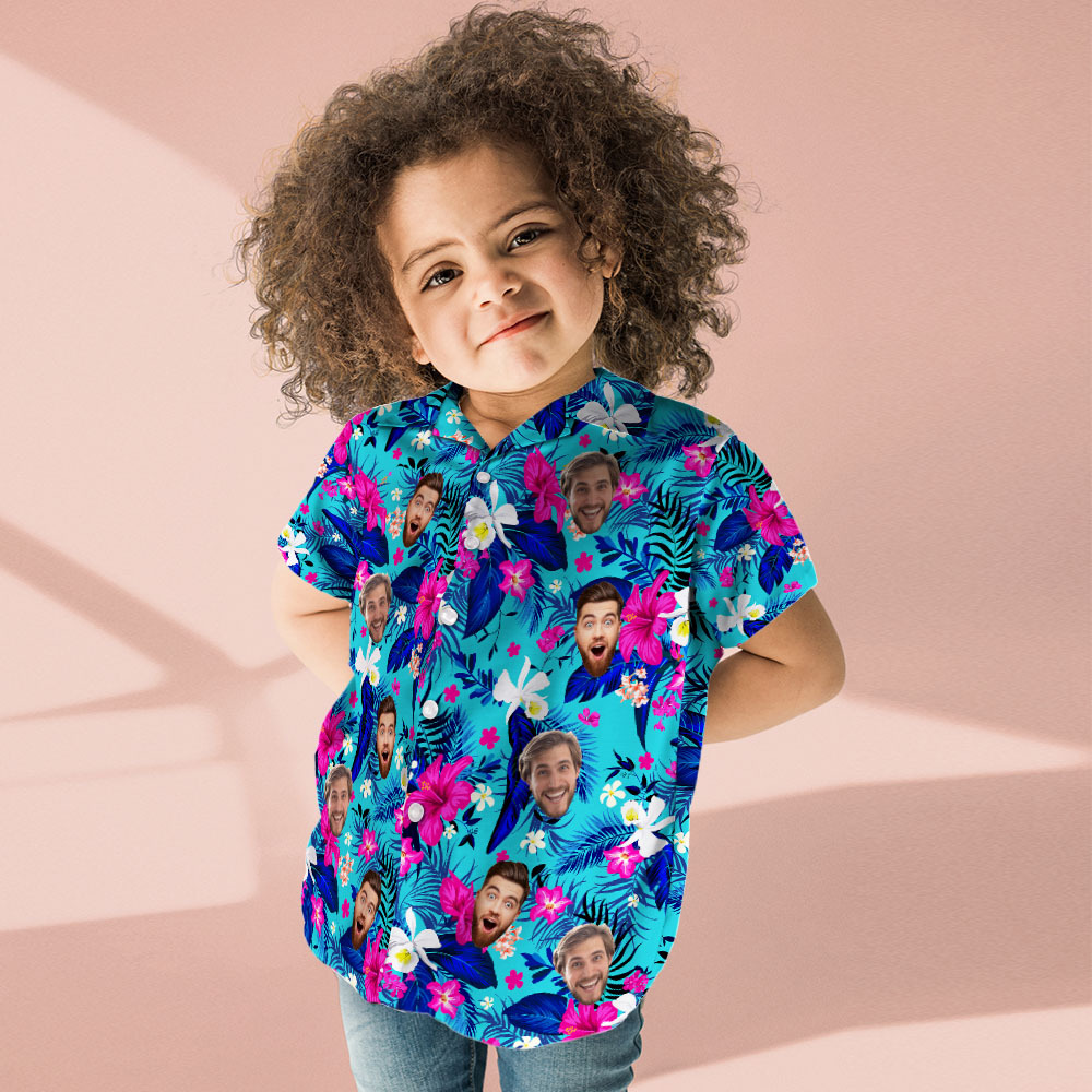 Custom Hawaiian Shirt With Face Personalized Hawaiian Shirt Logo All Over Print Pink Flower Hawaiian Shirt For Kids - auphotoblanket