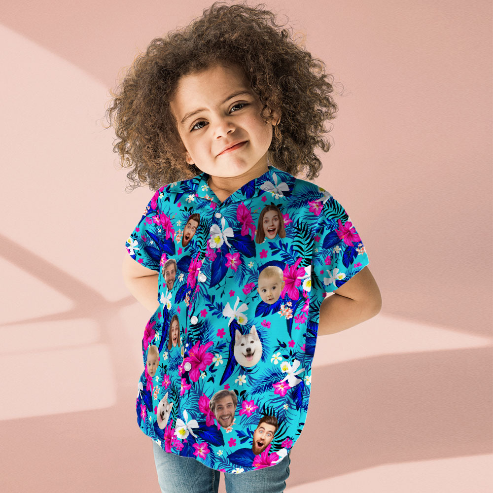 Custom Hawaiian Shirt With Face Personalized Hawaiian Shirt Logo All Over Print Pink Flower Hawaiian Shirt For Kids - auphotoblanket